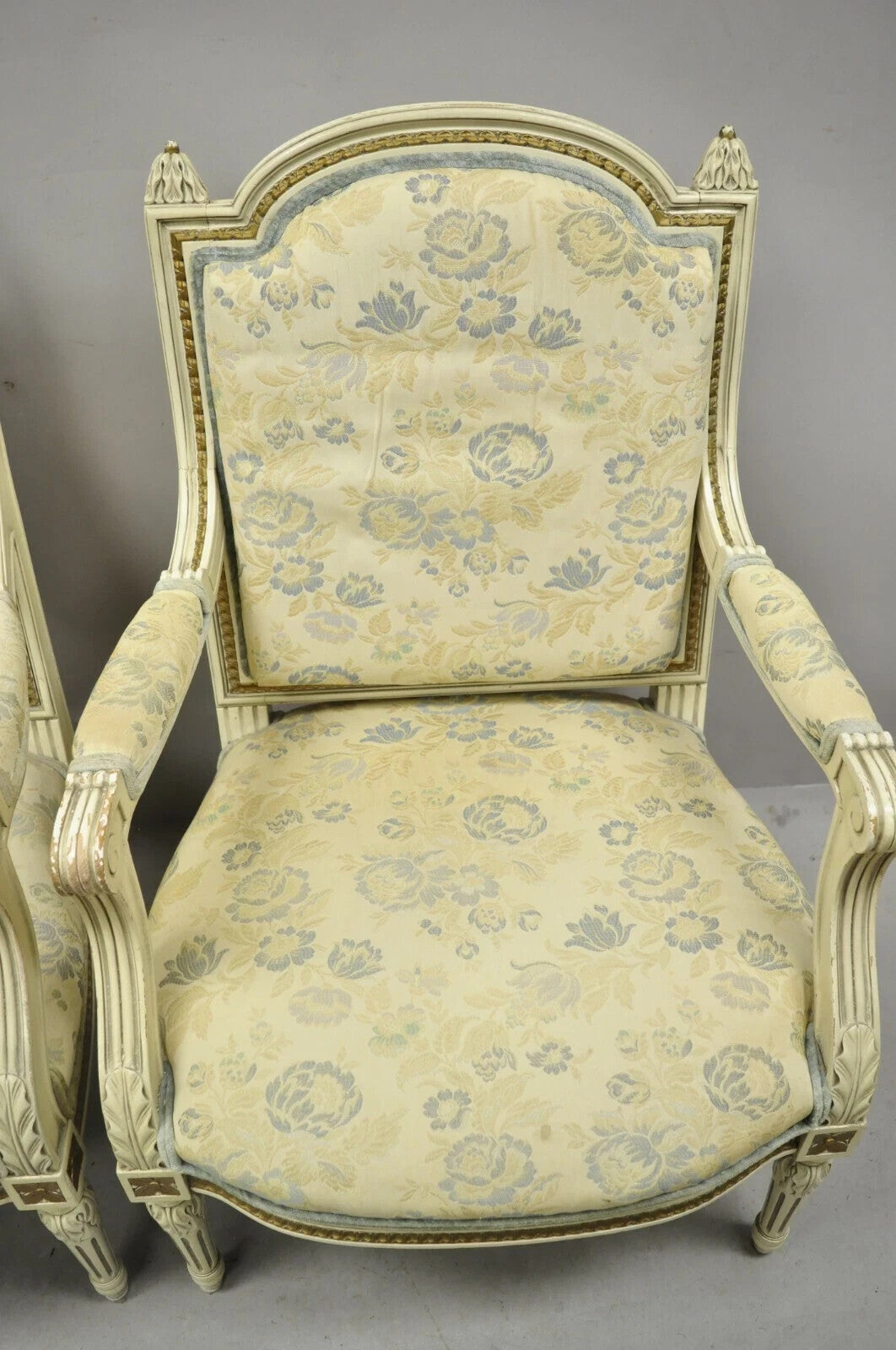 Vintage French Louis XVI Style Cream Painted Gold Gilt Lounge Arm Chairs - Pair