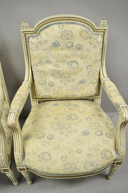 Vintage French Louis XVI Style Cream Painted Gold Gilt Lounge Arm Chairs - Pair
