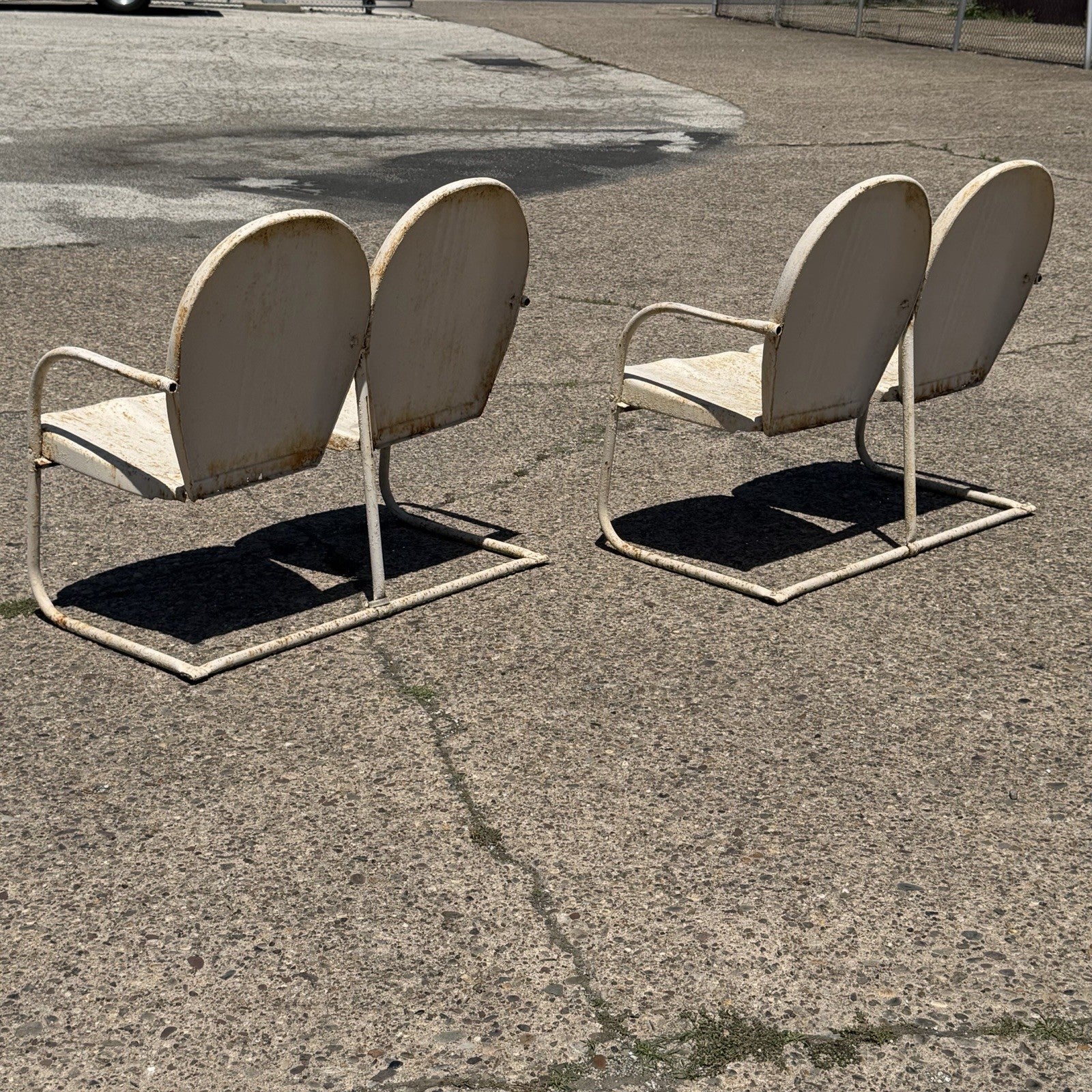 Vintage Art Deco Steel Metal Clam Shell Double Seat Porch Patio Loveseat - Pair