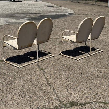 Vintage Art Deco Steel Metal Clam Shell Double Seat Porch Patio Loveseat - Pair