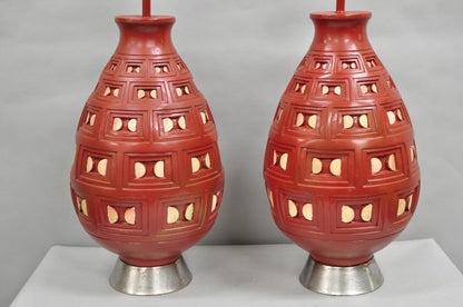 Mid Century Modern Space Age Red Ceramic "Beehive" Large Table Lamps - a Pair