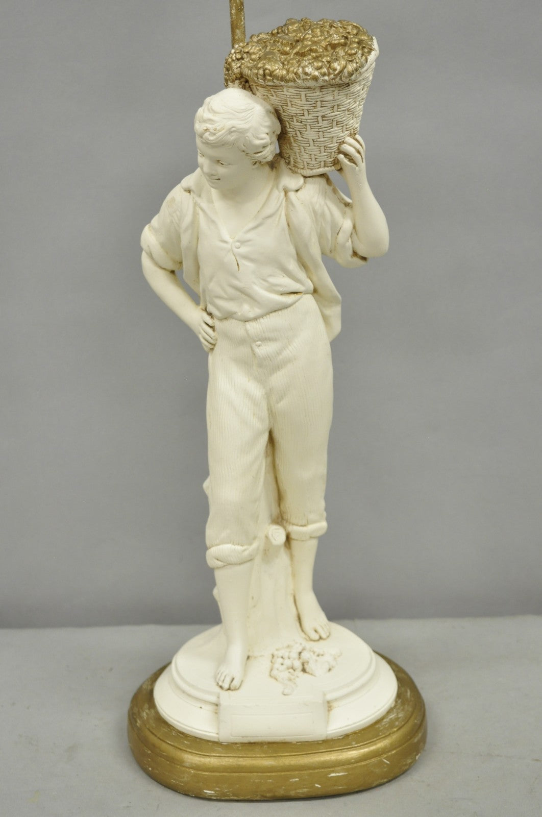 Vintage French Style White Painted Metal Figural Boy w Flower Basket Table Lamp