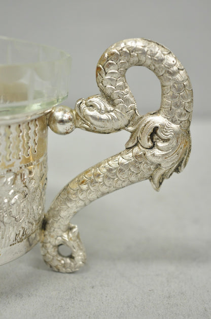 Vintage Italian Regency Silver Plated Dolphin Handle Glass Candy Dish Jardiniere