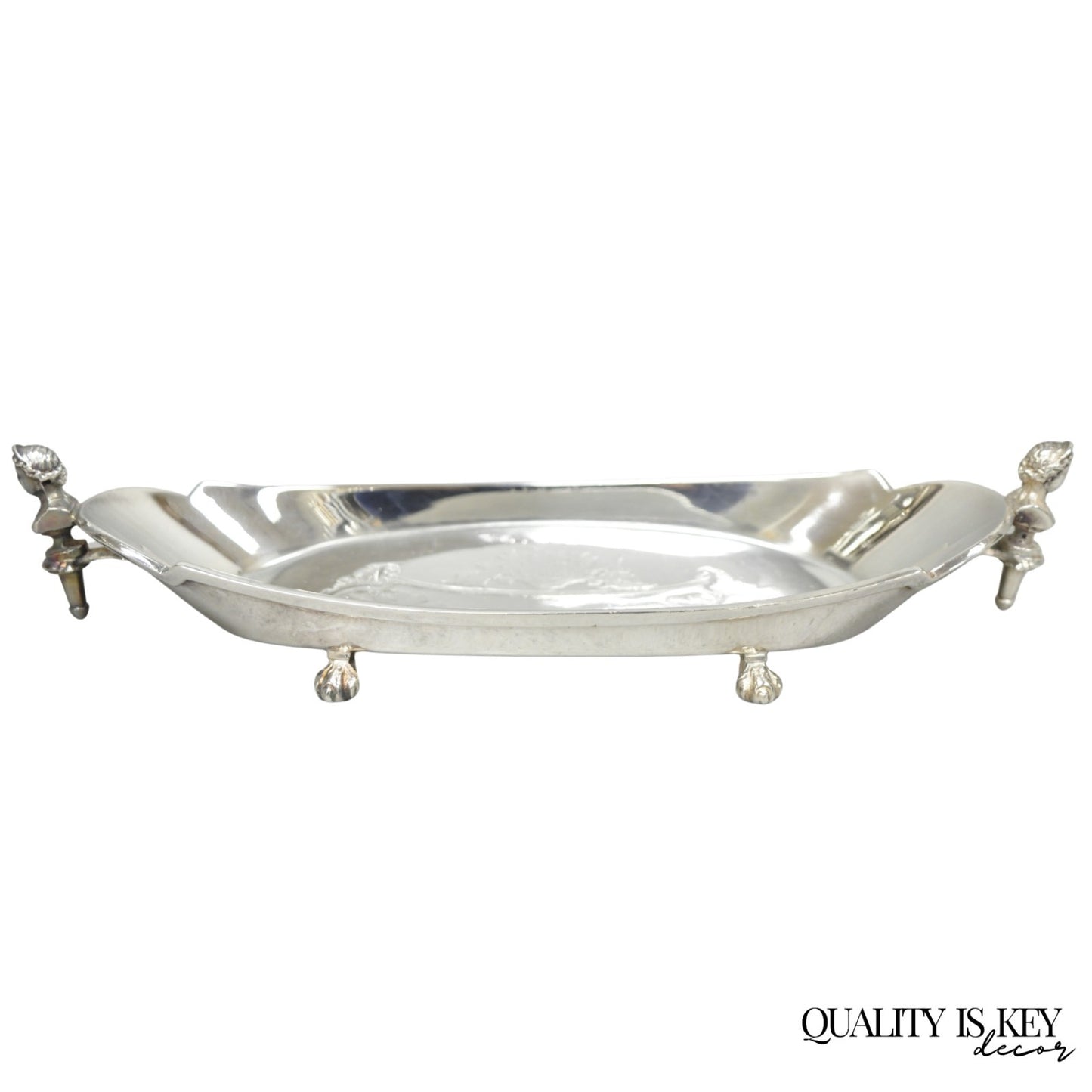 Antique French Renaissance Small Silver Plated Figural Twin Handle Trinket Dish