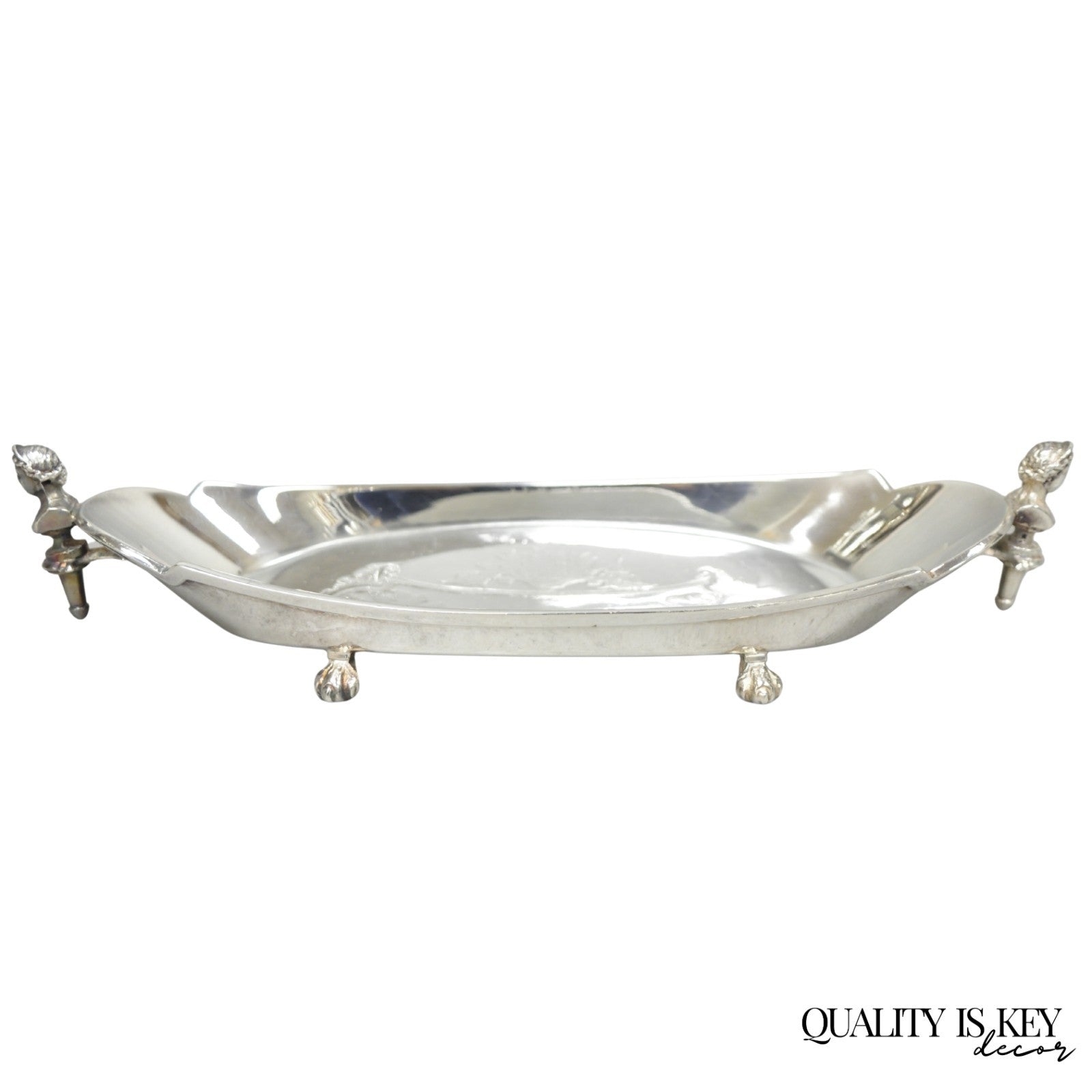 Antique French Renaissance Small Silver Plated Figural Twin Handle Trinket Dish