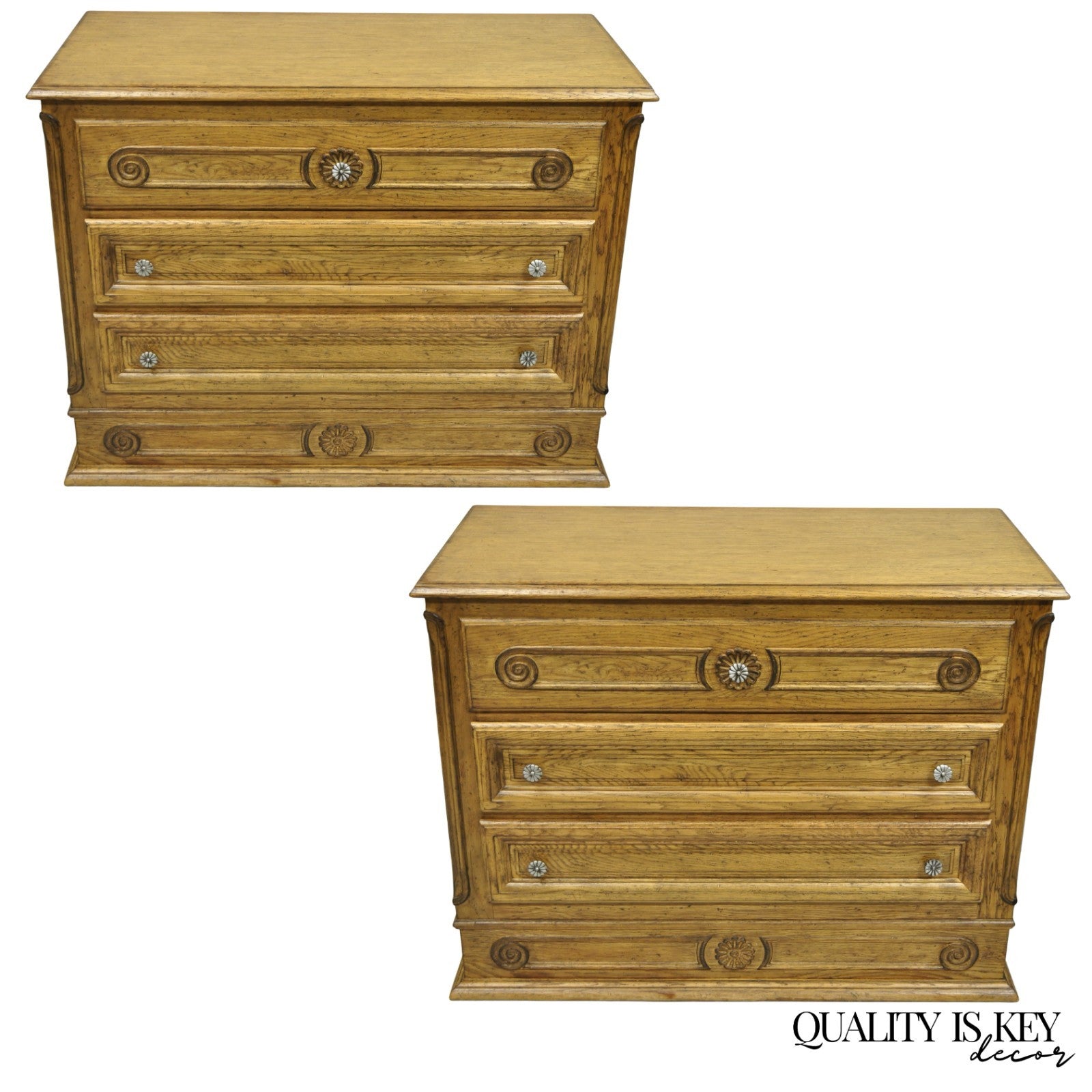 Vintage French Country Provincial Oak Wood 3 Drawer Bachelor Chest Commode Pair