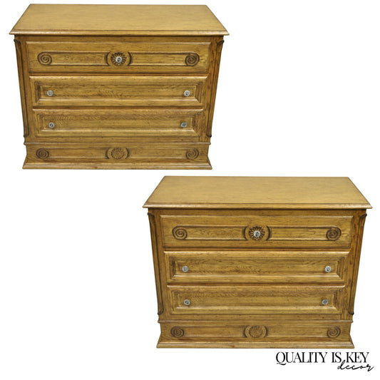 Vintage French Country Provincial Oak Wood 3 Drawer Bachelor Chest Commode Pair