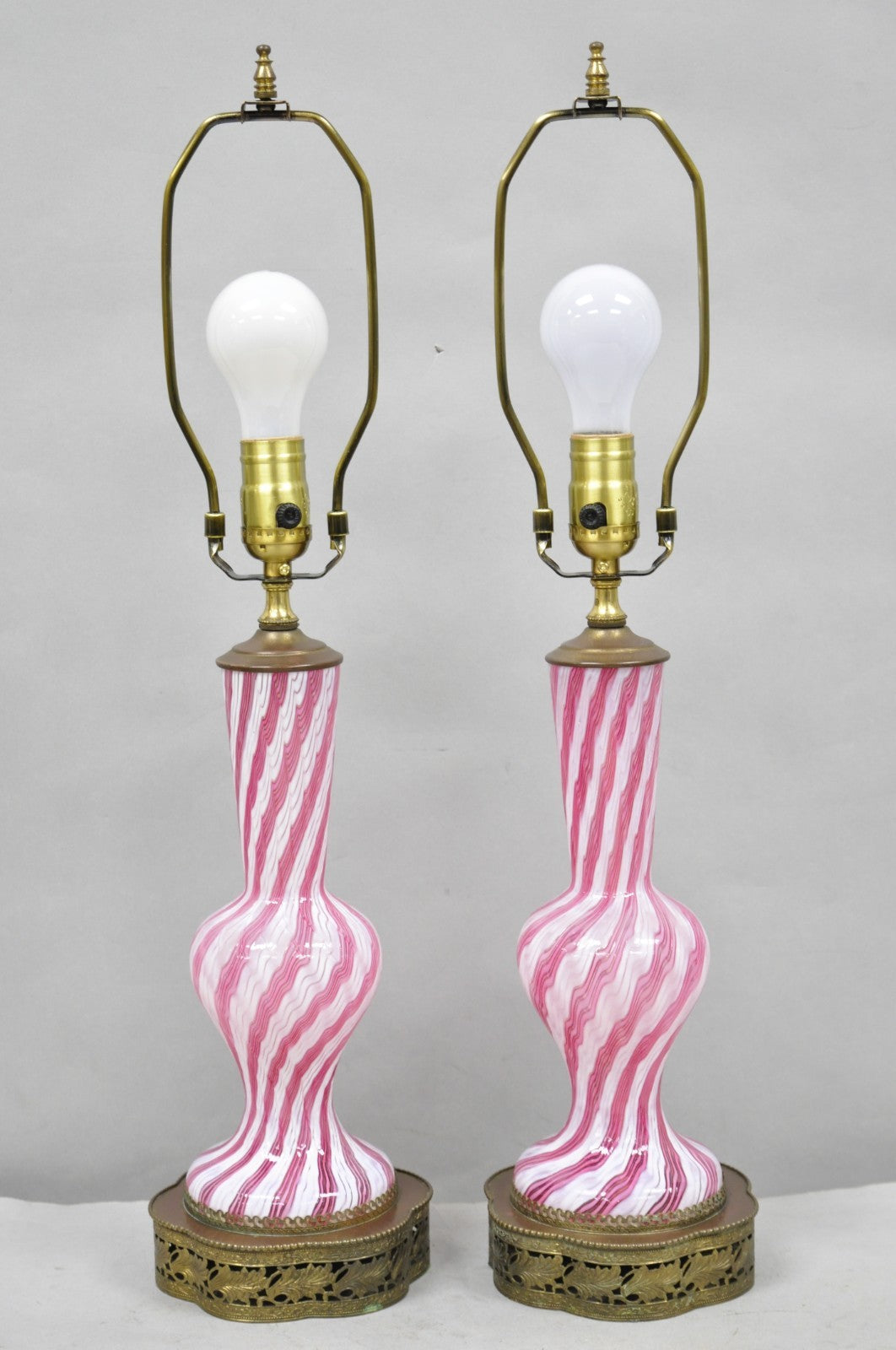 Vintage Italian Latticino Murano Pink Ribbon Swirl Glass Small Table Lamp - Pair