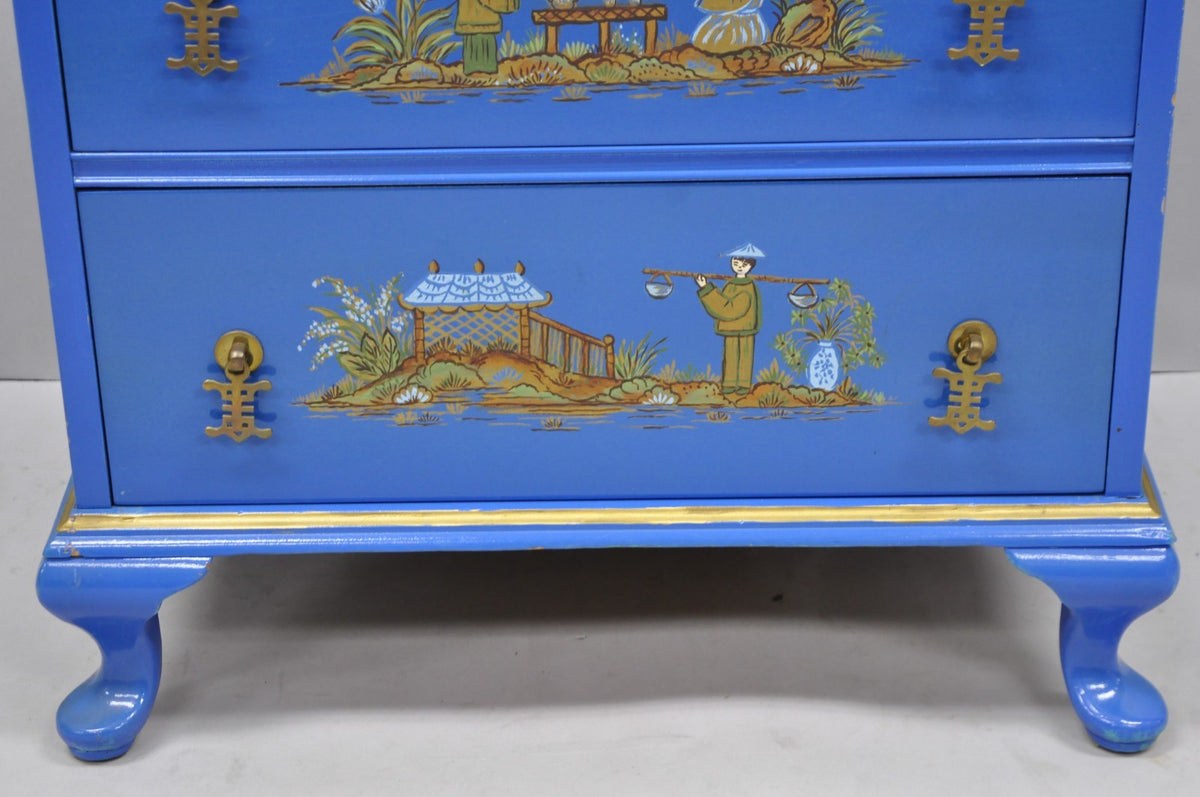 Vintage Chinoiserie Blue Hand Painted Gold Gilt Narrow Bookcase Secretary Desk