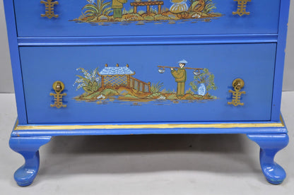 Vintage Chinoiserie Blue Hand Painted Gold Gilt Narrow Bookcase Secretary Desk