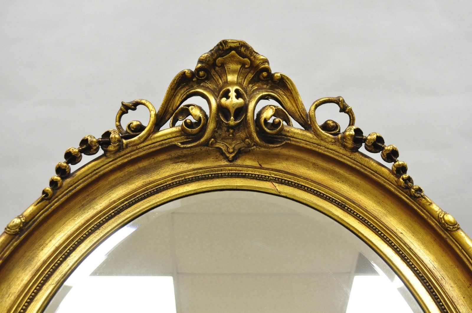Antique French Victorian Gold Gilt Scroll Oval Beveled Glass Wall Mirror