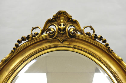 Antique French Victorian Gold Gilt Scroll Oval Beveled Glass Wall Mirror