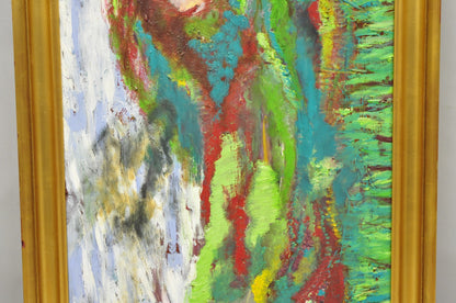 Large Impressionist Style Young Woman in Field Oil on Wood Board Framed Painting
