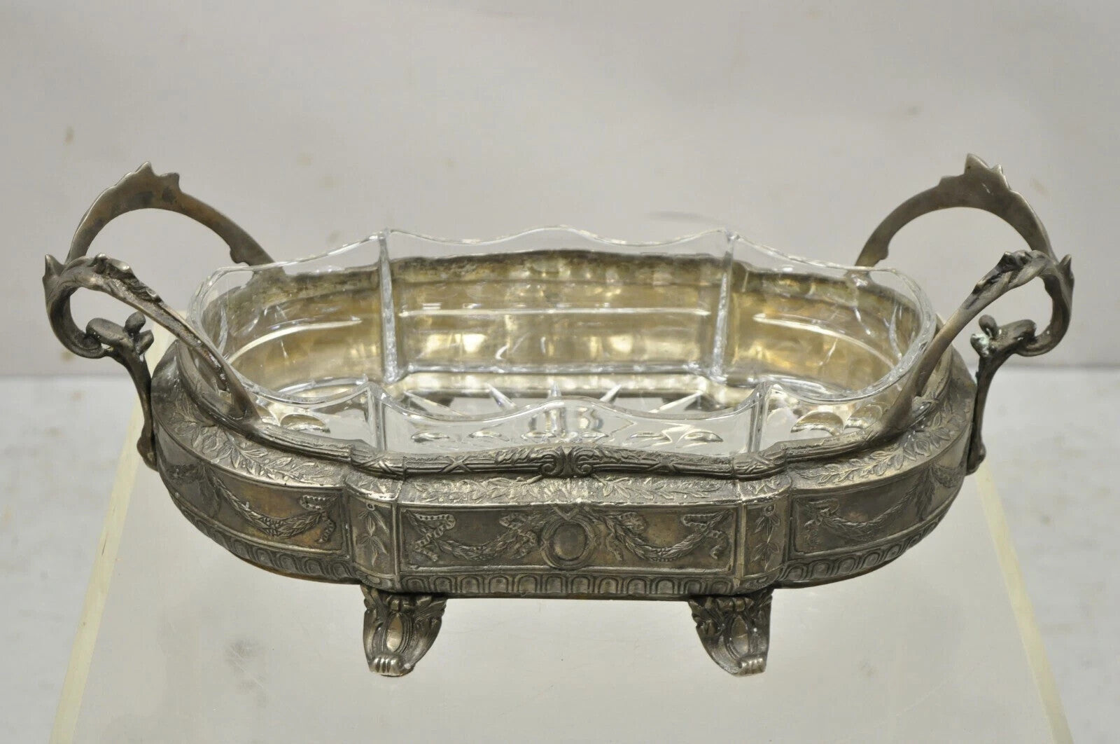 French Louis XVI Nickel Silver Plate Drape Design Centerpiece Bowl Dish Planter