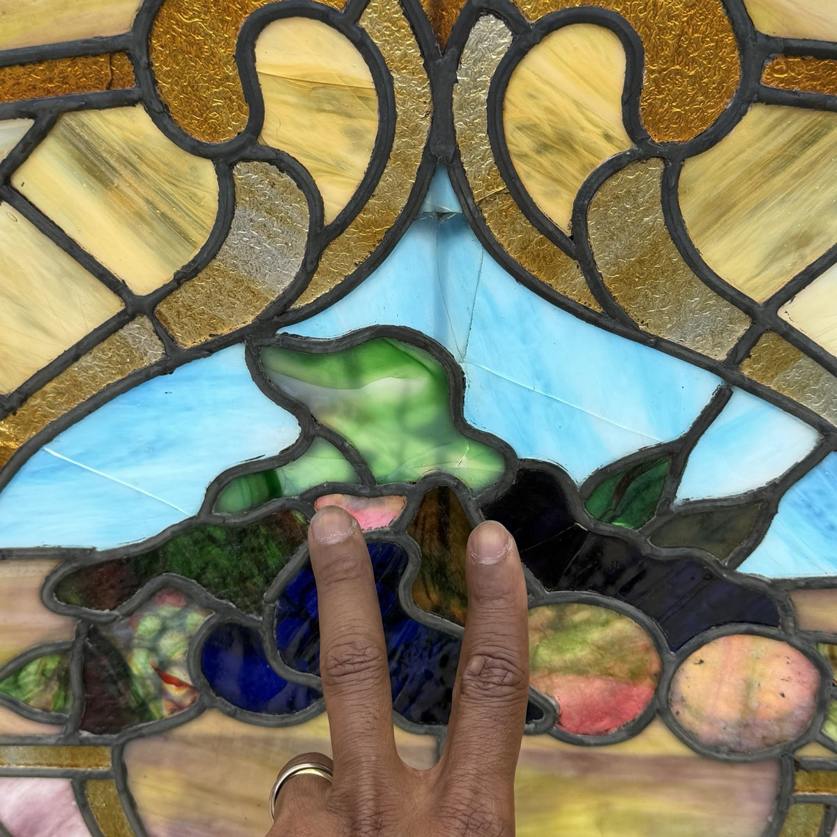 Antique Art Nouveau Colored Stained Glass Fruit 27 x 75 Arched Transom Window, B