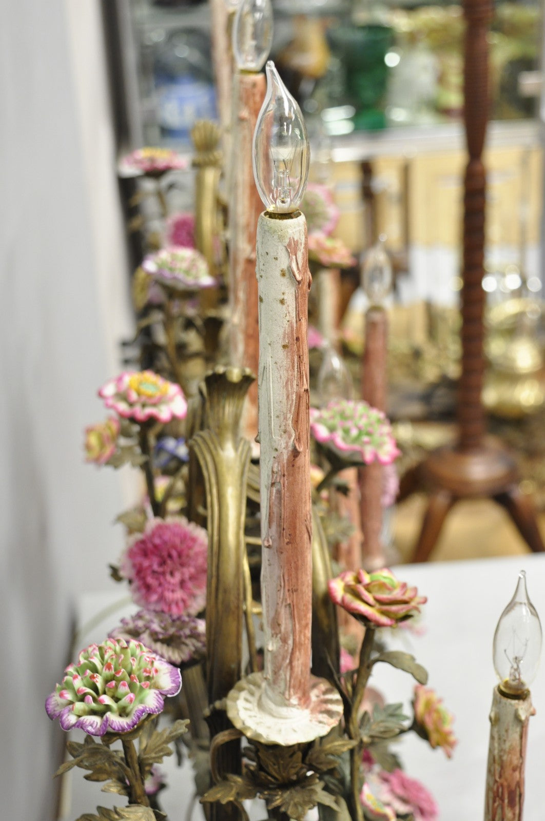 French Louis XV Repro Bronze & Porcelain Candelabra Lamps by United Wilson, Pair