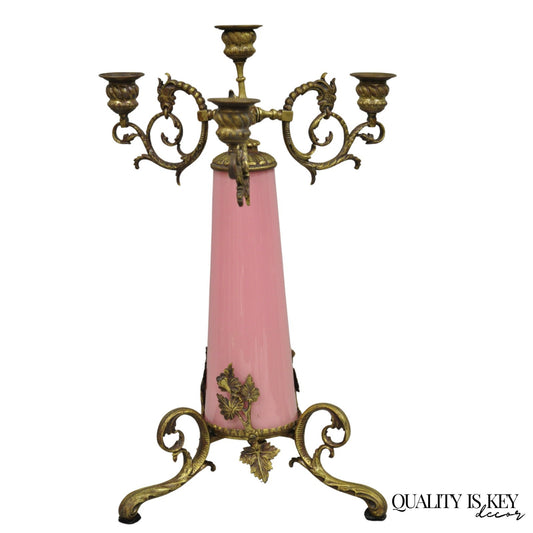 French Renaissance Art Nouveau Bronze 4 Candle Pink Glass Column Candelabra