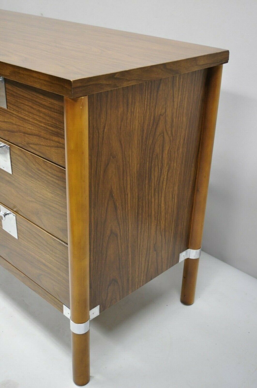 Vintage Mid Century Modern Walnut & Chrome 9 Drawer Credenza Dresser w/ Mirror