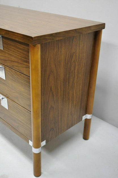 Vintage Mid Century Modern Walnut & Chrome 9 Drawer Credenza Dresser w/ Mirror