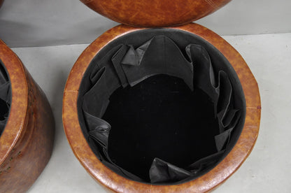 Contemporary Modern Moroccan Style Brown Faux Leather Round Storage Ottoman Pair