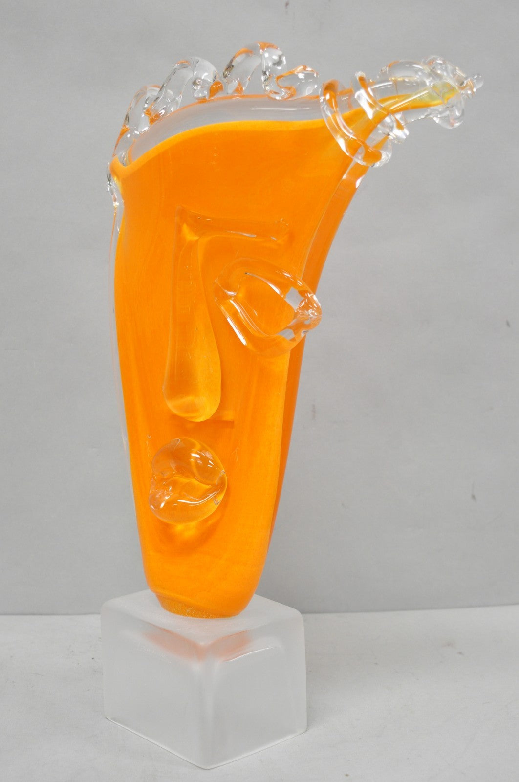 Ion Tamaian Postmodern Orange Blown Art Glass 20" Large Abstract Face Sculpture