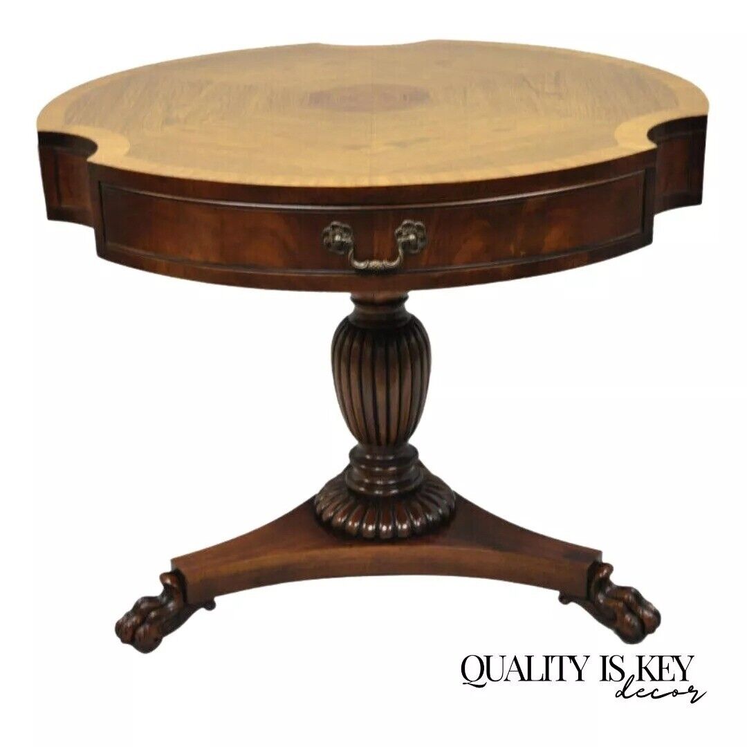 Vintage Grosfeld House Regency Mahogany & Rosewood 3 Drawer Pedestal Drum Table