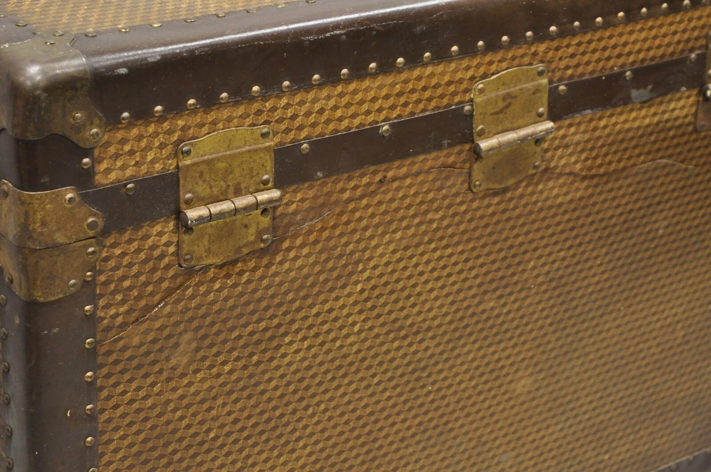 Antique Belber Traveling Goods Brown Monogram Print Hard Case Steamer Trunk