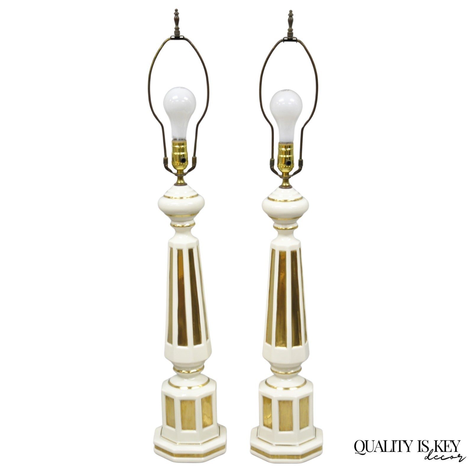 Vintage Italian Hollywood Regency Cream & Gold Porcelain Column Table Lamp, Pair