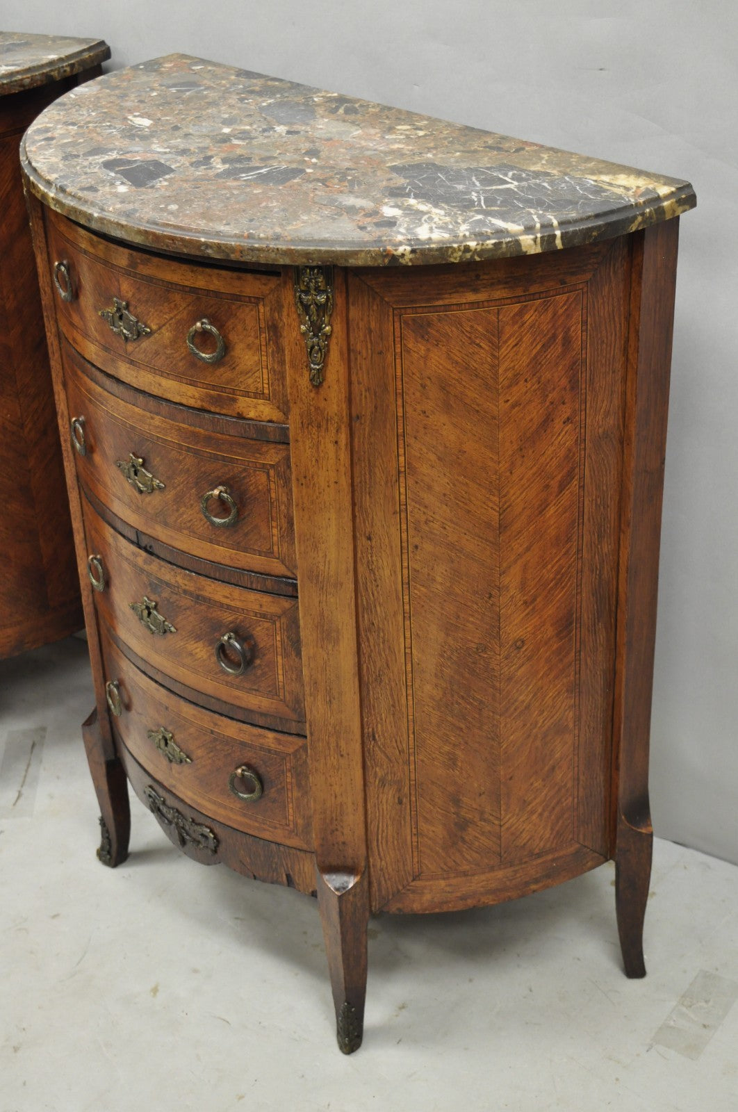 Antique French Louis XV Style Demilune Marble Top 4 Drawer Nightstand Table Pair