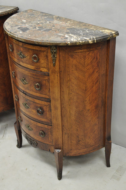 Antique French Louis XV Style Demilune Marble Top 4 Drawer Nightstand Table Pair