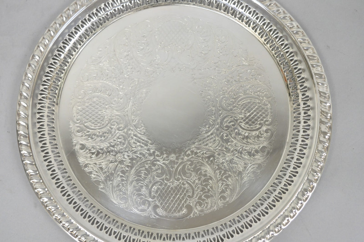 Vintage Leonard Silver Plated Pierced Gallery 12" Round Serving Platter Tray