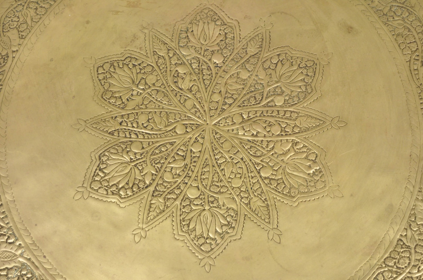 Vintage Moroccan 40" Round Brass Tray Top Teak Folding Spider Leg Coffee Table