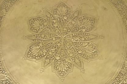 Vintage Moroccan 40" Round Brass Tray Top Teak Folding Spider Leg Coffee Table