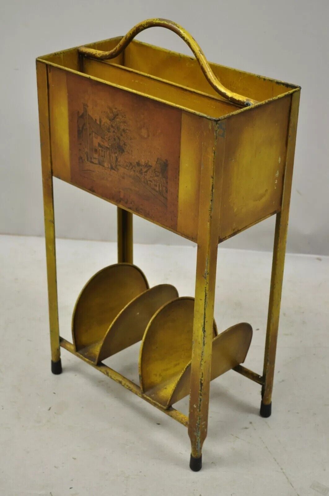 Antique Italian Metal Yellow Toleware Magazine Rack Stand Envelope Letter Shelf