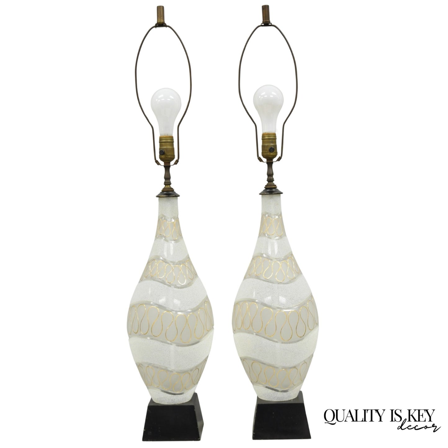 Vintage Mid Century Modern Sculpted Frosted Glass Gold Wavy Table Lamps - a Pair