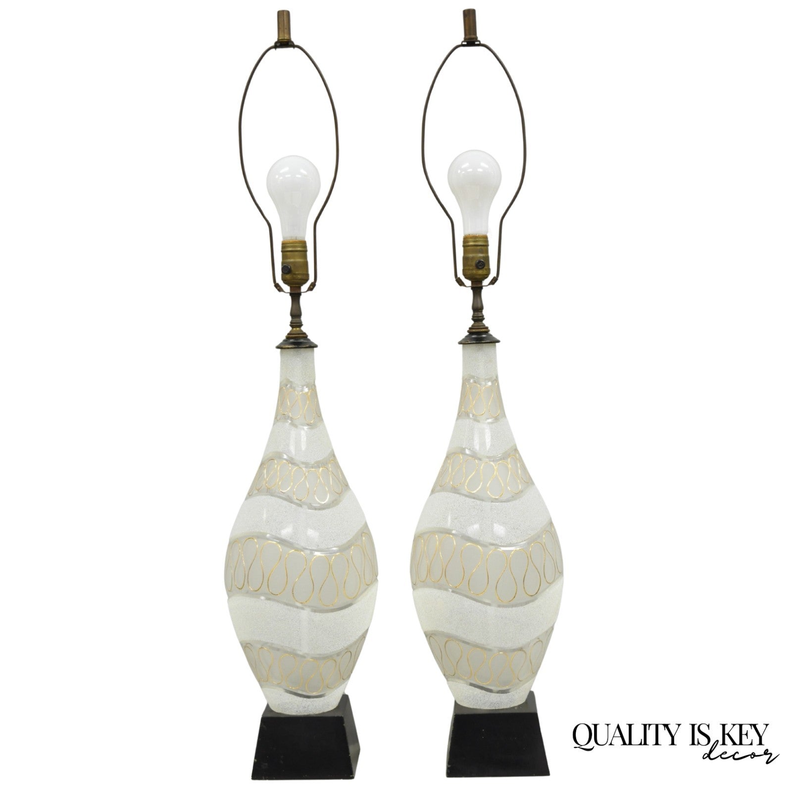 Vintage Mid Century Modern Sculpted Frosted Glass Gold Wavy Table Lamps - a Pair