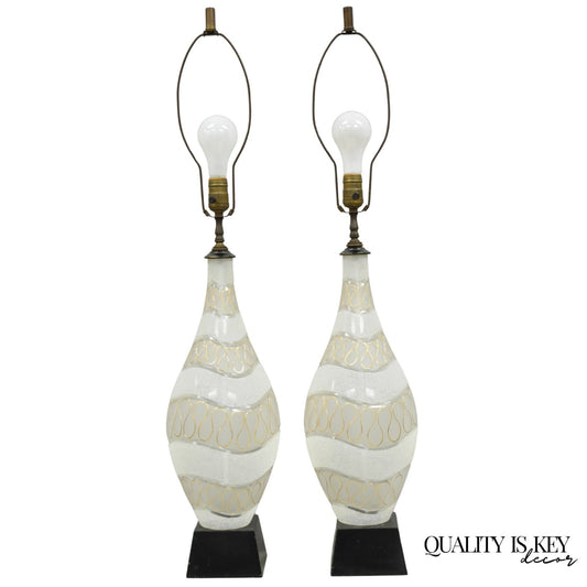 Vintage Mid Century Modern Sculpted Frosted Glass Gold Wavy Table Lamps - a Pair