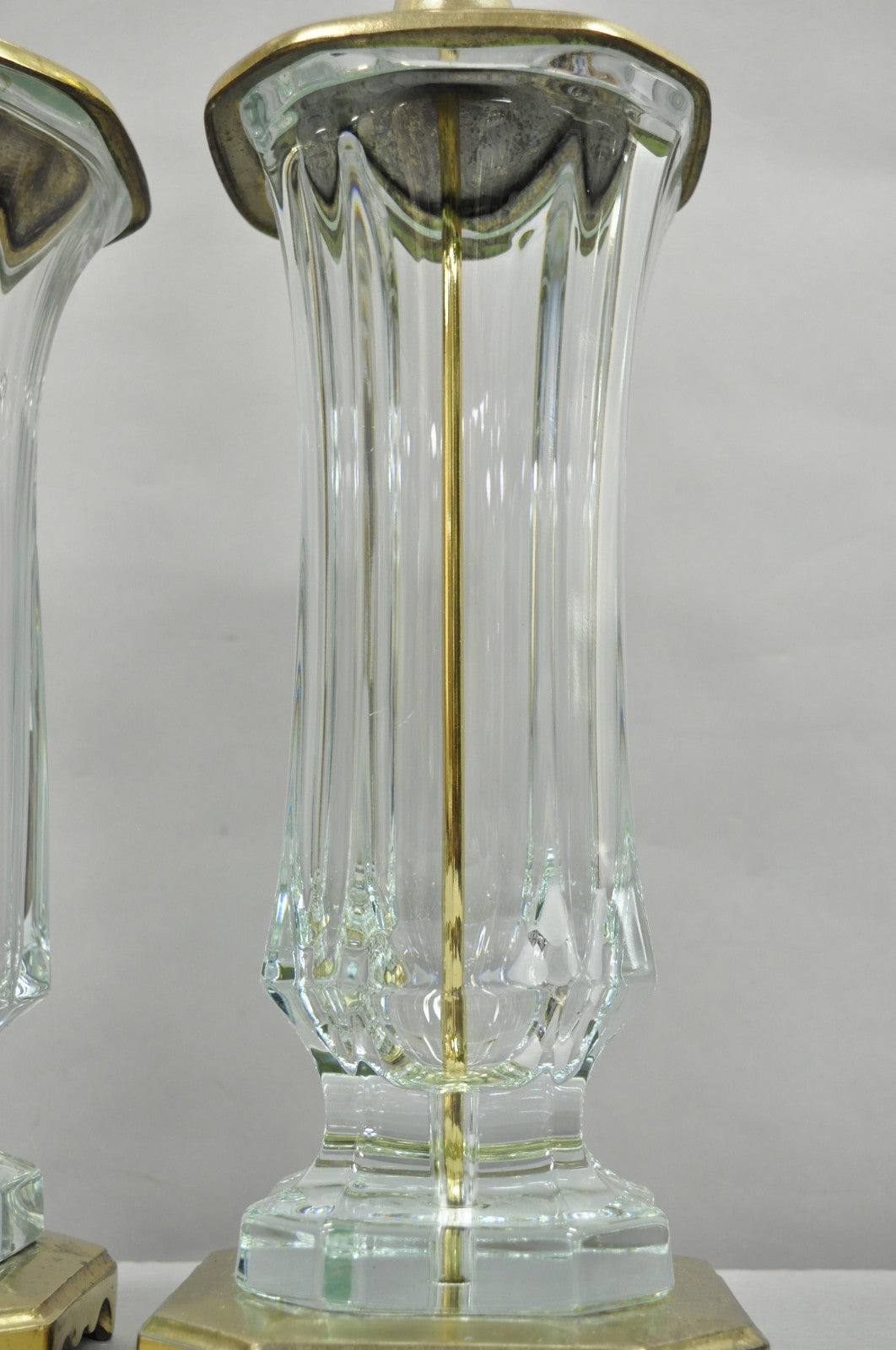 Vintage Cofrac Art Verrier French Leaded Crystal Glass & Brass Table Lamps, Pair