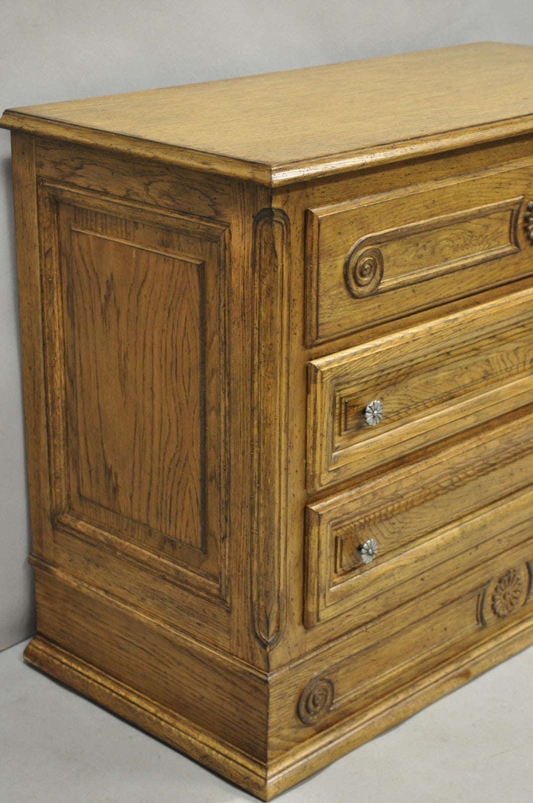 Vintage French Country Provincial Oak Wood 3 Drawer Bachelor Chest Commode Pair
