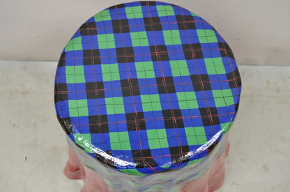 Vintage Paper Mache Red Blue Green Tartan Painted "Tablecloth" Drape Side Table