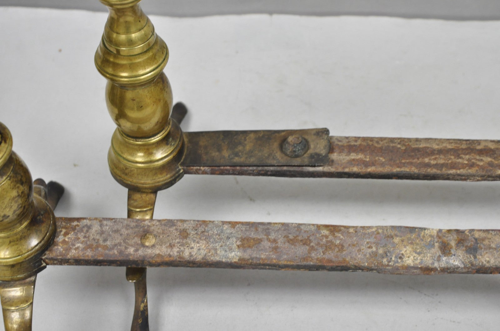 Antique English Colonial Brass Cannonball Branch Leg Andirons w/ Patina - a Pair