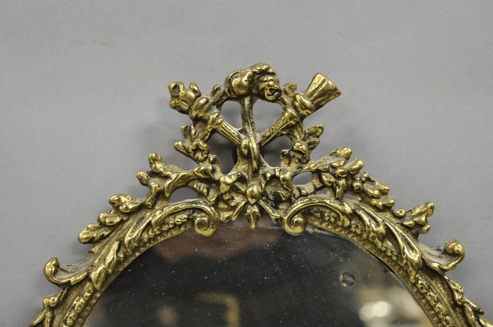 Antique French Rococo Louis XV Brass Oval Mirror Candelabra Wall Sconces - Pair
