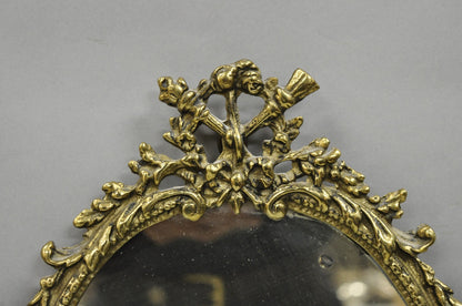 Antique French Rococo Louis XV Brass Oval Mirror Candelabra Wall Sconces - Pair