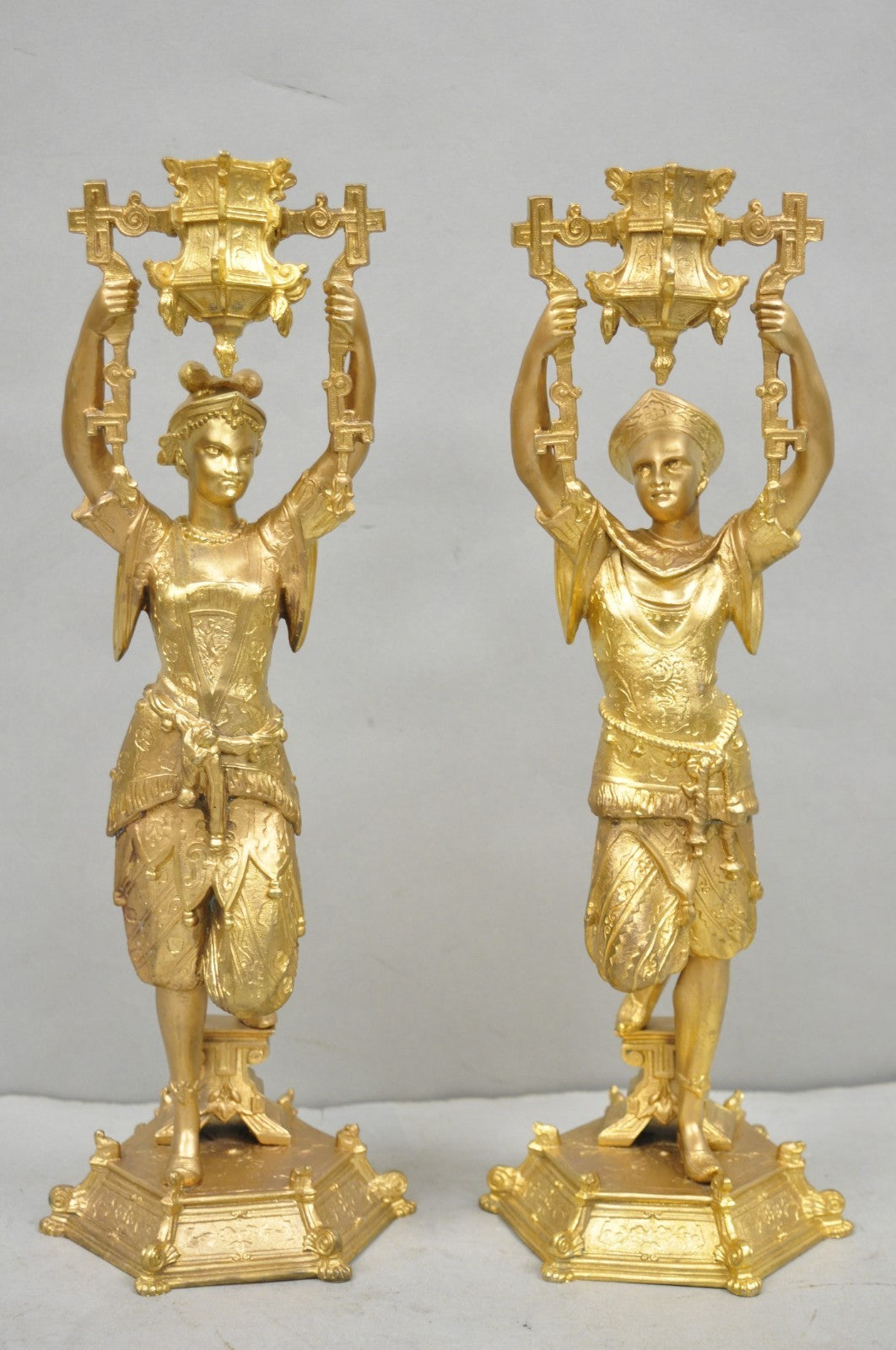 Antique Orientalist Gold Gilt Bronze Figural Male and Female Candlesticks - Pair