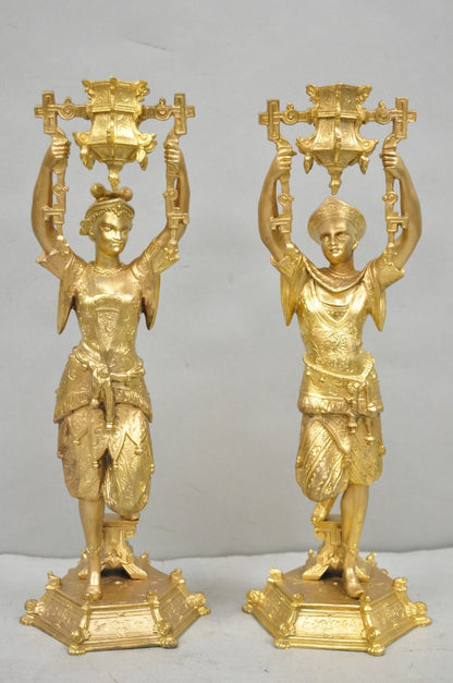 Antique Orientalist Gold Gilt Bronze Figural Male and Female Candlesticks - Pair