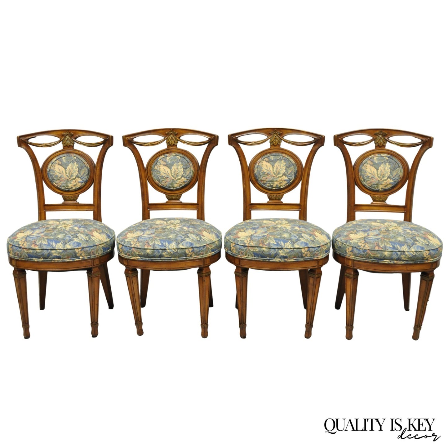 Vintage French Regency Style Carved Walnut Drape Back Dining Side Chair Set of 4