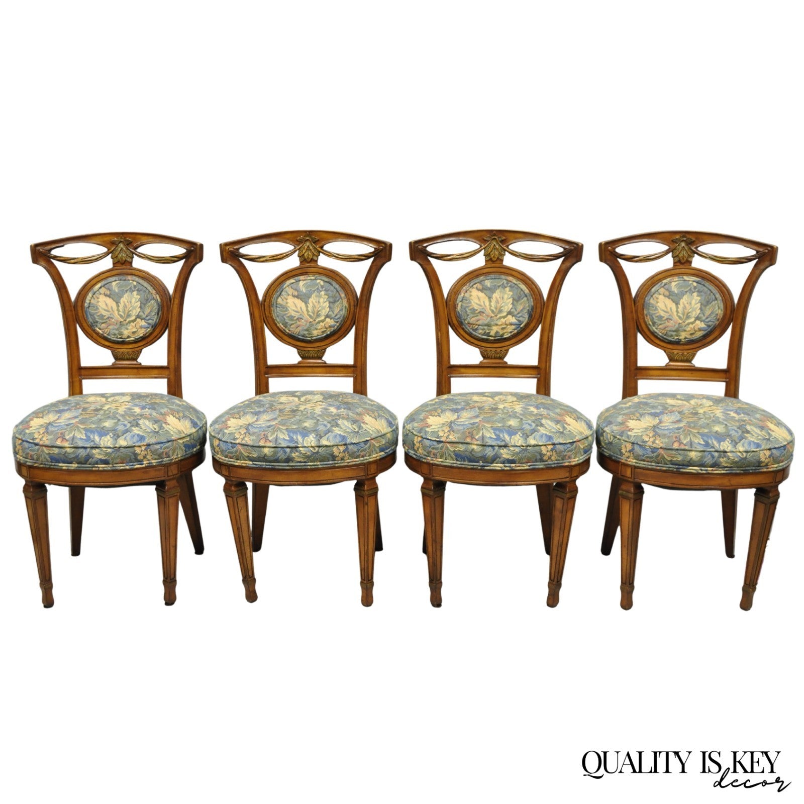 Vintage French Regency Style Carved Walnut Drape Back Dining Side Chair Set of 4