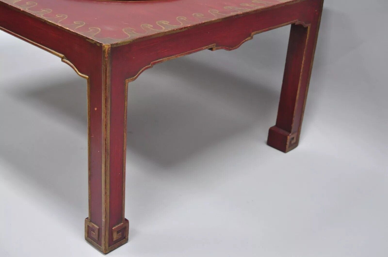 Vintage Chinoiserie Red Oriental Coffee Table with Tole Metal Serving Tray Top