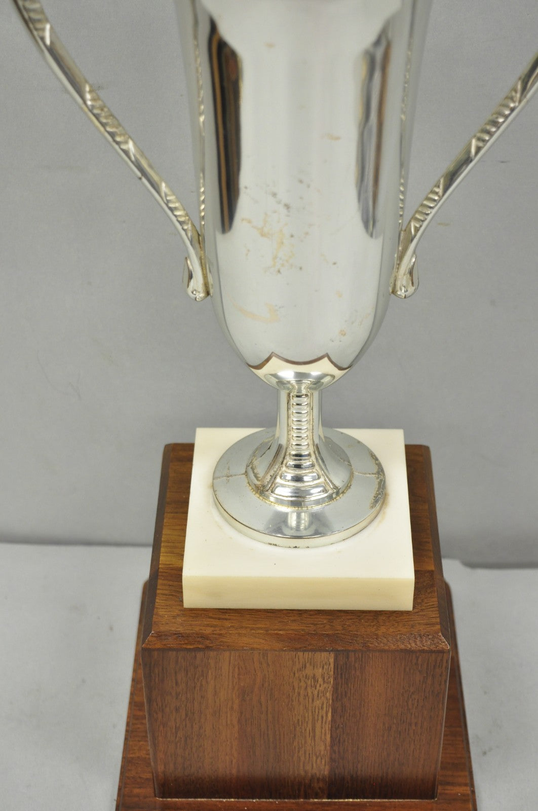 Vintage 1970s Art Deco Silver Metal Marble & Wood Figural Golf Trophy Award Cup