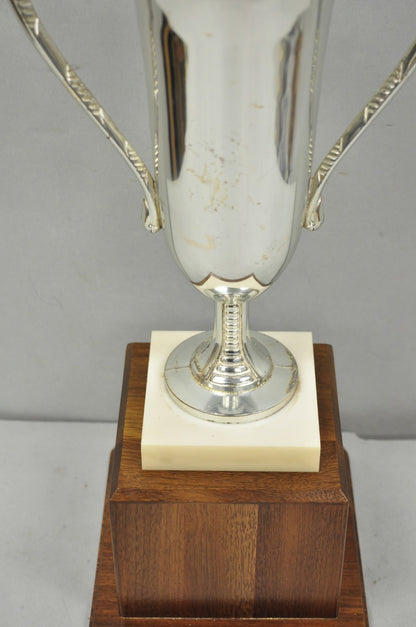Vintage 1970s Art Deco Silver Metal Marble & Wood Figural Golf Trophy Award Cup